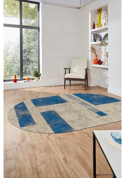 Baskılı Kaymaz Taban Yıkanabilir Modern Oval Yolluk Mutfak Salon Halısı O-Modern-93-Mavi fiyatları