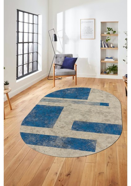 Baskılı Kaymaz Taban Yıkanabilir Modern Oval Yolluk Mutfak Salon Halısı O-Modern-93-Mavi modelleri