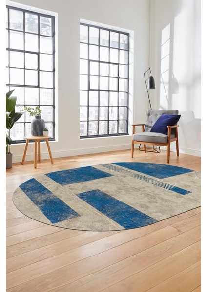 Baskılı Kaymaz Taban Yıkanabilir Modern Oval Yolluk Mutfak Salon Halısı O-Modern-93-Mavi fırsatları