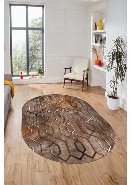 Modern Desen Dijital Kaymaz Yıkanabilir Oval Yolluk Mutfak Salon Halısı O-Modern-90-Kahve fiyatları