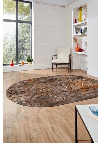 Modern Desen Dijital Kaymaz Yıkanabilir Oval Yolluk Mutfak Salon Halısı O-Modern-90-Kahve modelleri