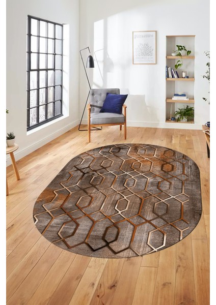 Modern Desen Dijital Kaymaz Yıkanabilir Oval Yolluk Mutfak Salon Halısı O-Modern-90-Kahve fırsatları