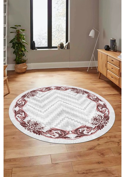 Baskılı Kaymaz Yıkanabilir Modern Çiçekli Desen Yuvarlak Salon Halısı Y-Modern-49-Pembe fırsatları