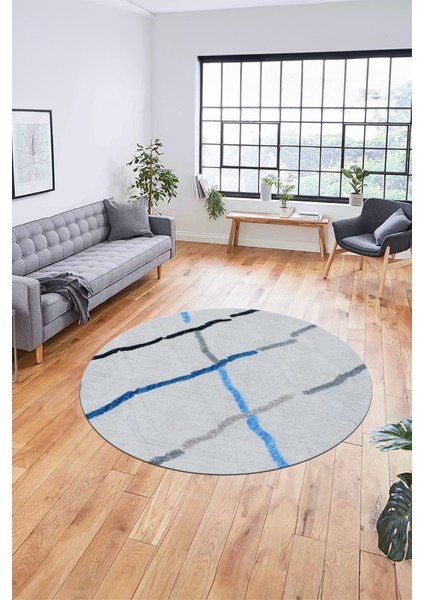 Şık Sade Modern Desenli Dijital Kaymaz Yıkanabilir Yuvarlak Mutfak Salon Halısı Y-Modern-73-Mavi