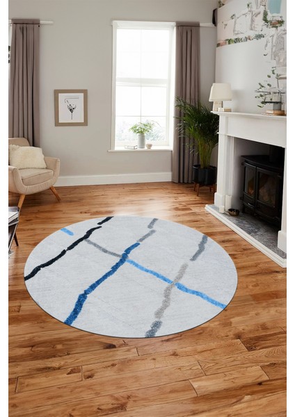 Şık Sade Modern Desenli Dijital Kaymaz Yıkanabilir Yuvarlak Mutfak Salon Halısı Y-Modern-73-Mavi indirimleri