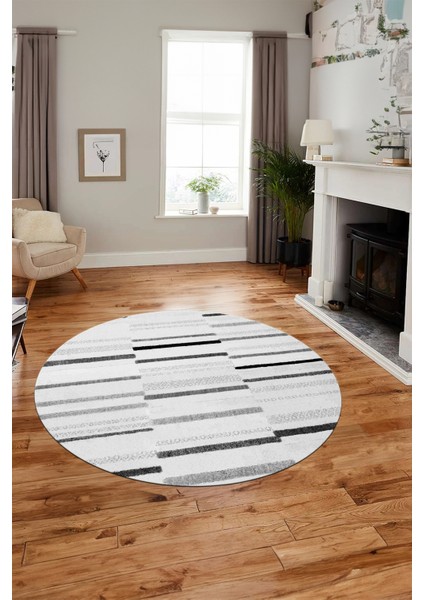 Şık Sade Kilim Desenli Dijital Kaymaz Yıkanabilir Yuvarlak Mutfak Salon Halısı Y-Modern-74-Gri indirimleri