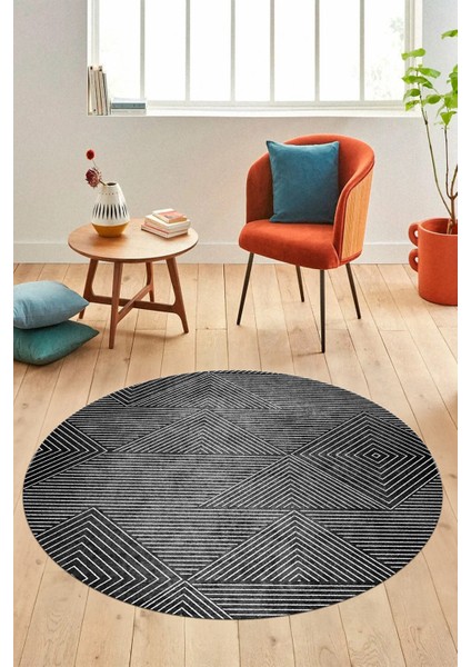 Şık Desen Baskılı Kaymaz Taban Yıkanabilir Modern Yuvarlak Salon Halısı Y-MODERN-111-ANTRASİT