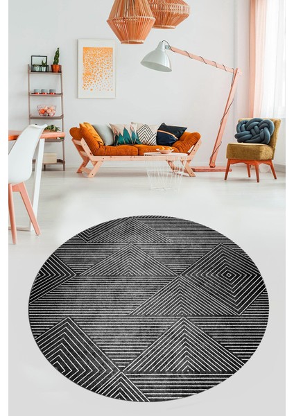 Şık Desen Baskılı Kaymaz Taban Yıkanabilir Modern Yuvarlak Salon Halısı Y-MODERN-111-ANTRASİT