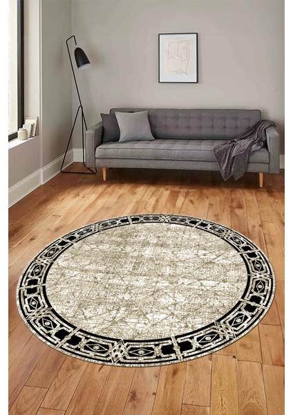 Çerçeveli Baskılı Kaymaz Taban Yıkanabilir Yuvarlak Mutfak Salon Halısı Y-MODERN-118-BEJ