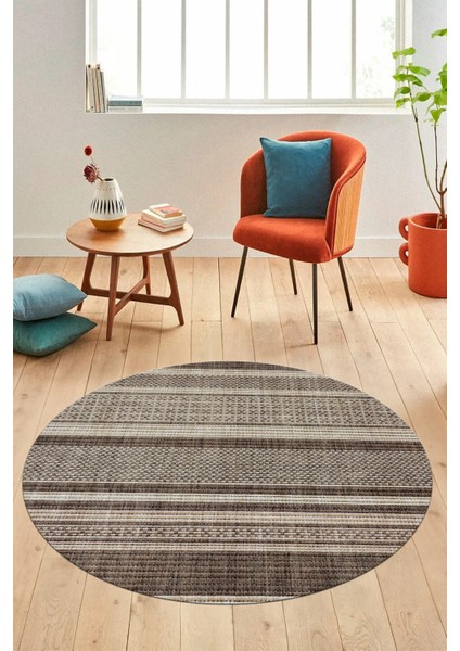 Modern Kilim Desen Dijital Kaymaz Yıkanabilir Yuvarlak Mutfak Salon Halısı Y-Modern-36-Kahve