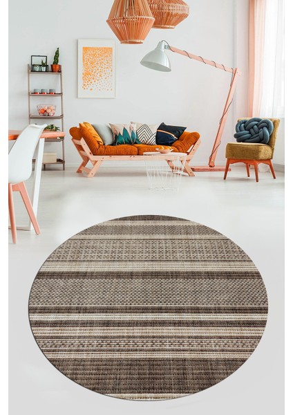 Modern Kilim Desen Dijital Kaymaz Yıkanabilir Yuvarlak Mutfak Salon Halısı Y-Modern-36-Kahve