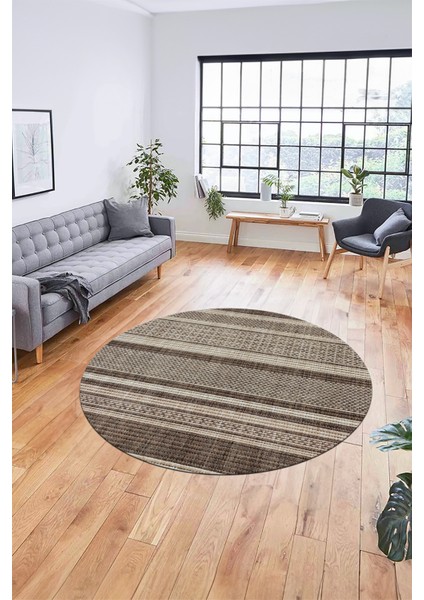 Modern Kilim Desen Dijital Kaymaz Yıkanabilir Yuvarlak Mutfak Salon Halısı Y-Modern-36-Kahve