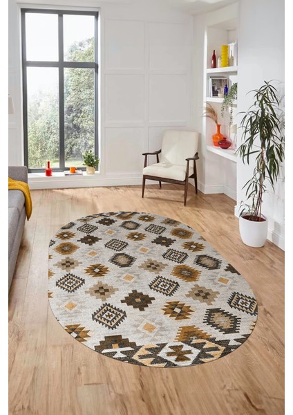 Etnik Baskılı Kaymaz Taban Yıkanabilir Modern Oval Yolluk Salon Halısı O-Modern-99-Kahve