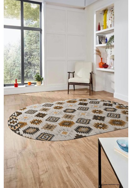 Etnik Baskılı Kaymaz Taban Yıkanabilir Modern Oval Yolluk Salon Halısı O-Modern-99-Kahve fiyatları