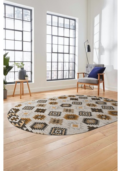 Etnik Baskılı Kaymaz Taban Yıkanabilir Modern Oval Yolluk Salon Halısı O-Modern-99-Kahve fırsatları