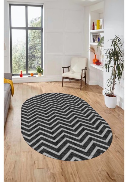Zikzak Desen Baskılı Kaymaz Taban Yıkanabilir Modern Oval Yolluk Salon Halısı O-MODERN-102-ANTRAST