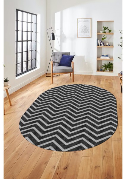 Zikzak Desen Baskılı Kaymaz Taban Yıkanabilir Modern Oval Yolluk Salon Halısı O-MODERN-102-ANTRAST modelleri