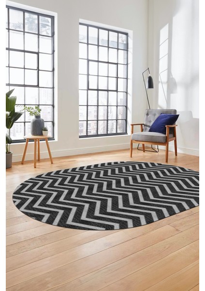 Zikzak Desen Baskılı Kaymaz Taban Yıkanabilir Modern Oval Yolluk Salon Halısı O-MODERN-102-ANTRAST fırsatları