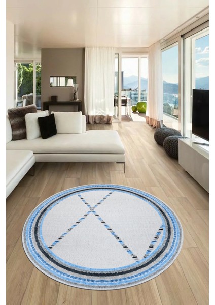 Renkli Modern Kilim Desen Kaymaz Yıkanabilir Yuvarlak Mutfak Salon Halısı Y-Modern-76-Mavi indirimleri