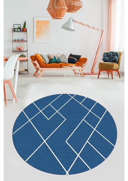 Baskılı Kaymaz Yıkanabilir Çizgili Modern Yuvarlak Mutfak Halısı Salon Halısı Y-Modern-58-Mavi