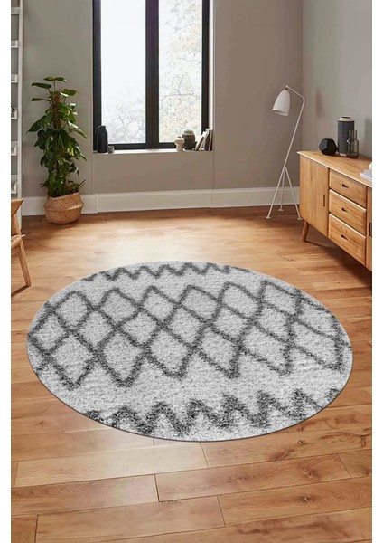 Modern Kilim Desen Dijital Kaymaz Yıkanabilir Yuvarlak Mutfak Salon Halısı Y-Modern-92-Gri