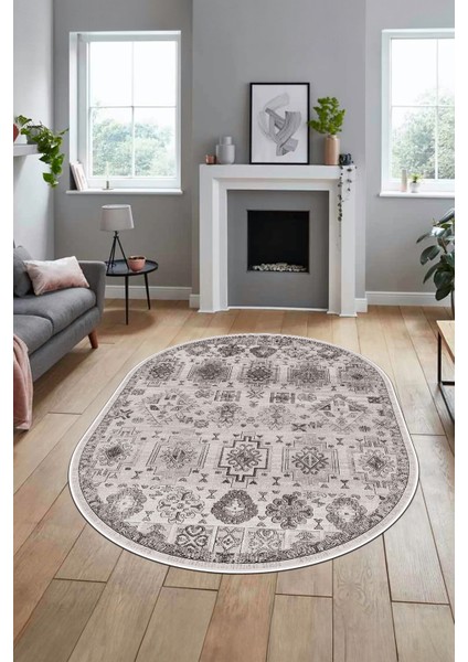 Modern Etnik Desen Dijital Kaymaz Yıkanabilir Oval Yolluk Mutfak Salon Halısı O-Modern-29-Gri