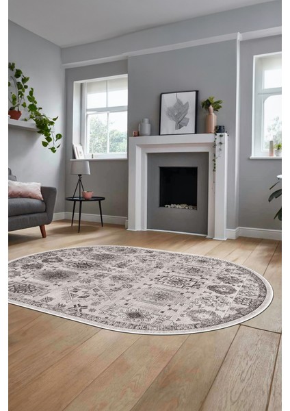 Modern Etnik Desen Dijital Kaymaz Yıkanabilir Oval Yolluk Mutfak Salon Halısı O-Modern-29-Gri