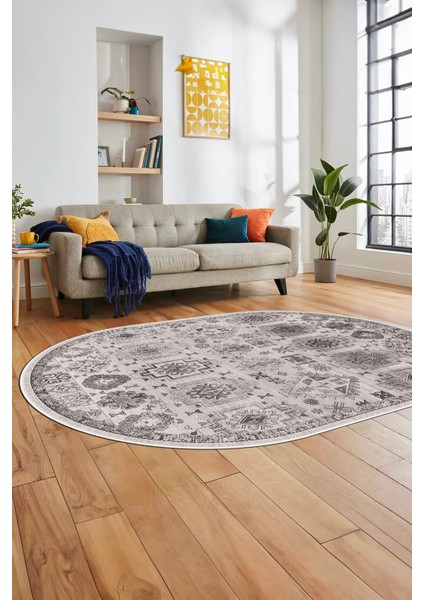 Modern Etnik Desen Dijital Kaymaz Yıkanabilir Oval Yolluk Mutfak Salon Halısı O-Modern-29-Gri