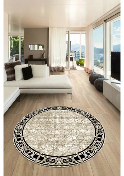 Çerçeveli Baskılı Kaymaz Taban Yıkanabilir Yuvarlak Mutfak Salon Halısı Y-MODERN-118-BEJ modelleri