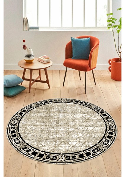 Çerçeveli Baskılı Kaymaz Taban Yıkanabilir Yuvarlak Mutfak Salon Halısı Y-MODERN-118-BEJ fırsatları