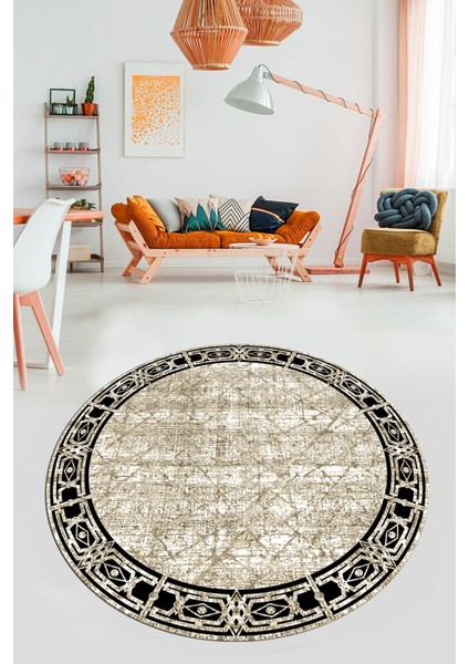 Çerçeveli Baskılı Kaymaz Taban Yıkanabilir Yuvarlak Mutfak Salon Halısı Y-MODERN-118-BEJ indirimleri