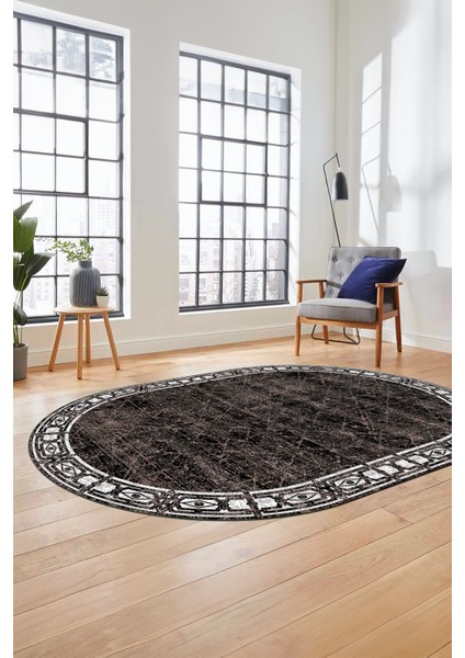 Çerçeveli Baskılı Kaymaz Taban Yıkanabilir Oval Yolluk Mutfak Salon Halısı O-MODERN-118-KAHVE modelleri