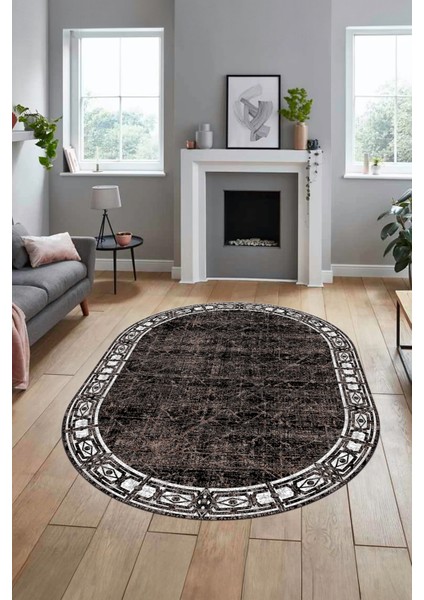 Çerçeveli Baskılı Kaymaz Taban Yıkanabilir Oval Yolluk Mutfak Salon Halısı O-MODERN-118-KAHVE fırsatları