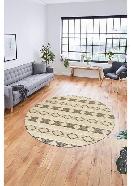 Baskılı Kaymaz Yıkanabilir Kilim Desen Yuvarlak Mutfak Halısı Salon Halısı Y-Modern-64-Kahve