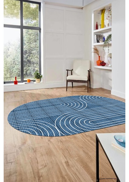 Sade Desen Baskılı Kaymaz Taban Yıkanabilir Modern Oval Yolluk Salon Halısı O-MODERN-110-MAVİ