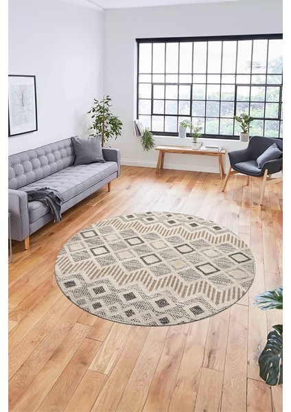 Baskılı Kaymaz Yıkanabilir Şık Kilim Desen Yuvarlak Mutfak Halısı Salon Halısı Y-Modern-67-Bej