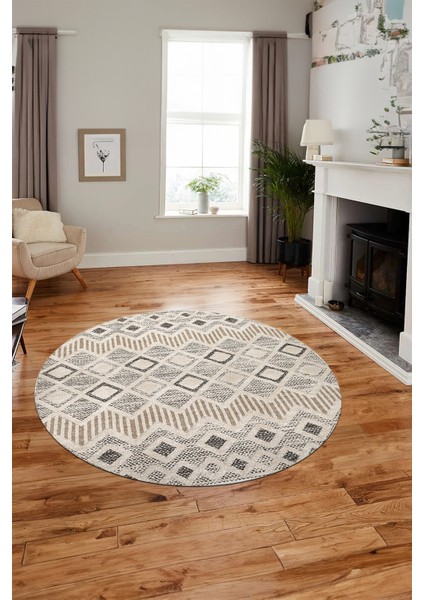 Baskılı Kaymaz Yıkanabilir Şık Kilim Desen Yuvarlak Mutfak Halısı Salon Halısı Y-Modern-67-Bej
