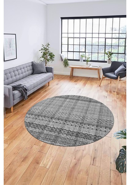 Baskılı Kaymaz Yıkanabilir Şık Kilim Desen Yuvarlak Mutfak Halısı Salon Halısı Y-Modern-70-Gri