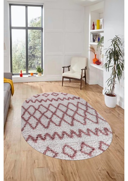 Modern Kilim Desen Dijital Kaymaz Yıkanabilir Oval Yolluk Mutfak Salon Halısı O-Modern-92-Pembe