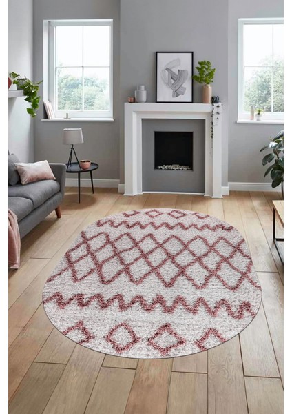 Modern Kilim Desen Dijital Kaymaz Yıkanabilir Oval Yolluk Mutfak Salon Halısı O-Modern-92-Pembe indirimleri