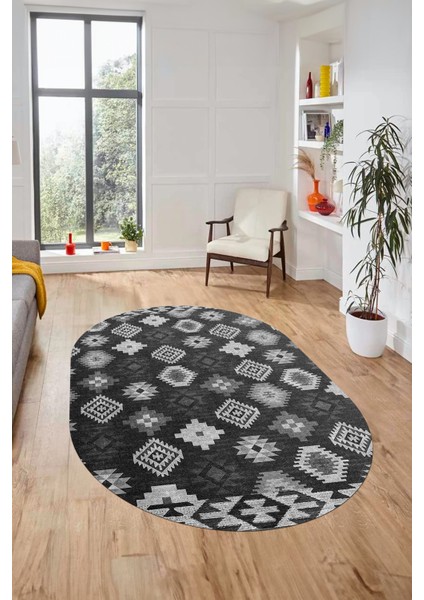 Etnik Baskılı Kaymaz Taban Yıkanabilir Modern Oval Yolluk Salon Halısı O-Modern-99-Antrasit