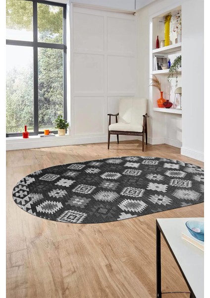Etnik Baskılı Kaymaz Taban Yıkanabilir Modern Oval Yolluk Salon Halısı O-Modern-99-Antrasit