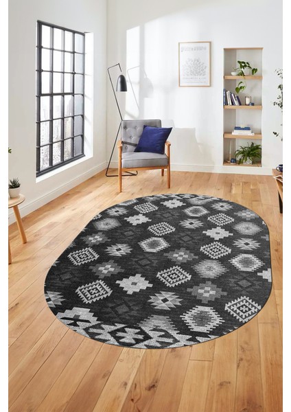 Etnik Baskılı Kaymaz Taban Yıkanabilir Modern Oval Yolluk Salon Halısı O-Modern-99-Antrasit