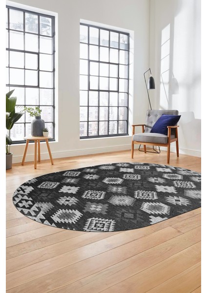 Etnik Baskılı Kaymaz Taban Yıkanabilir Modern Oval Yolluk Salon Halısı O-Modern-99-Antrasit