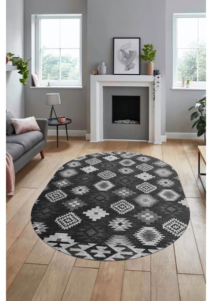 Etnik Baskılı Kaymaz Taban Yıkanabilir Modern Oval Yolluk Salon Halısı O-Modern-99-Antrasit