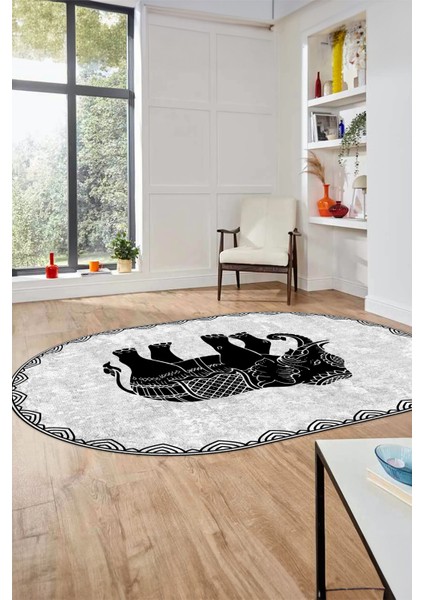 Fil Desen Baskılı Kaymaz Taban Yıkanabilir Modern Oval Yolluk Salon Halısı O-MODERN-101-GRİ