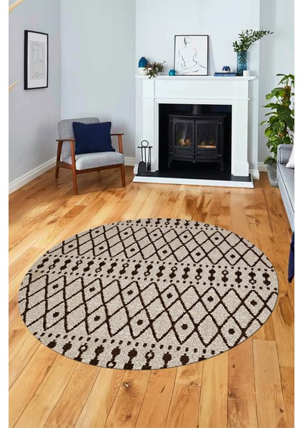 3D Kilim Desen Özel Tasarım Kaymaz Yıkanabilir Yuvarlak Mutfak Salon Halısı Y-Modern-84-Kahve