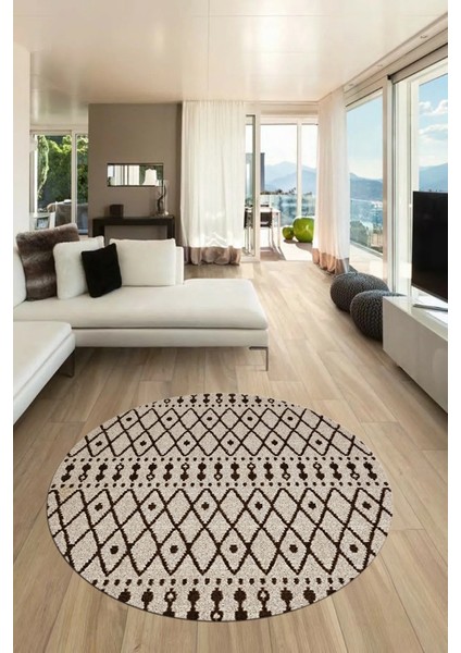 3D Kilim Desen Özel Tasarım Kaymaz Yıkanabilir Yuvarlak Mutfak Salon Halısı Y-Modern-84-Kahve