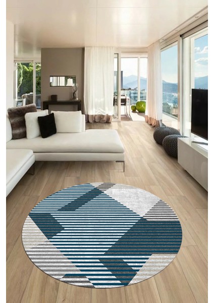 Baskılı Ince Kaymaz Taban Yıkanabilir Şık Modern Mutfak Yuvarlak Salon Halısı Y-Modern-09-Turkuaz