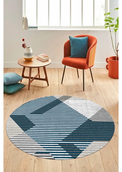 Baskılı Ince Kaymaz Taban Yıkanabilir Şık Modern Mutfak Yuvarlak Salon Halısı Y-Modern-09-Turkuaz
